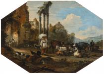 J.A.Eismann, Paesaggio con rovine pastori e gregge